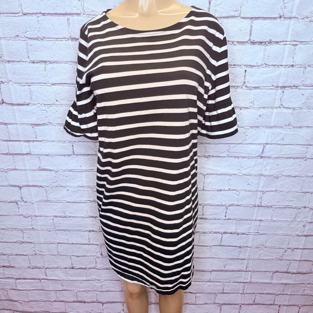 J. Crew Womens Black Ivory Stripe Ruffle Bell Sleeve Shift Dress Size Large